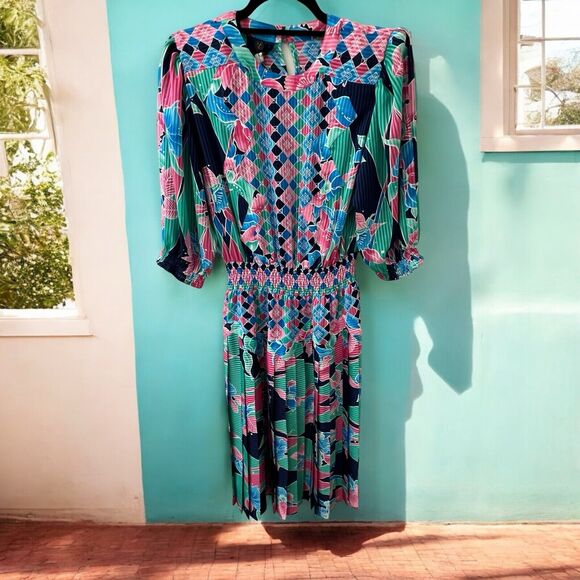 MAYEELOK Dresses & Skirts - Vintage Mayeelok Blouson Dress Womens small S Colorful Floral Satin Pleated 80s‎